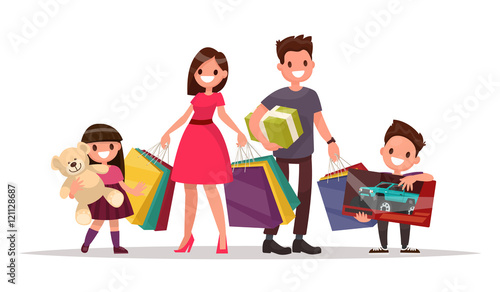 Happy family with shopping. Father mother, son and daughter are