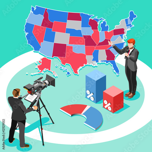 Usa Election 2016 News infographic. Democrat Republican vote results. Party people preference presidential endorsement pools. News reporter cameraman & white house flat us tribune report vector icon