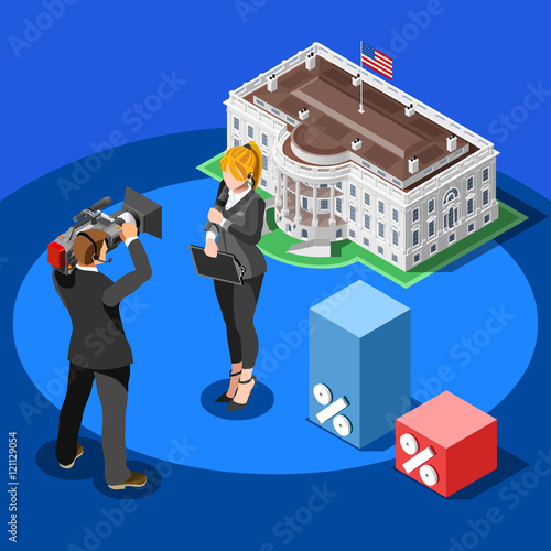 Us Election 2016 News infographic. Democrat Republican convention results. Party presidential debate endorsement pools. News reporter and white house 3D flat usa tribune vote report vector icon