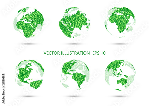 Set of vector ink drawing globe showing earth with all continent