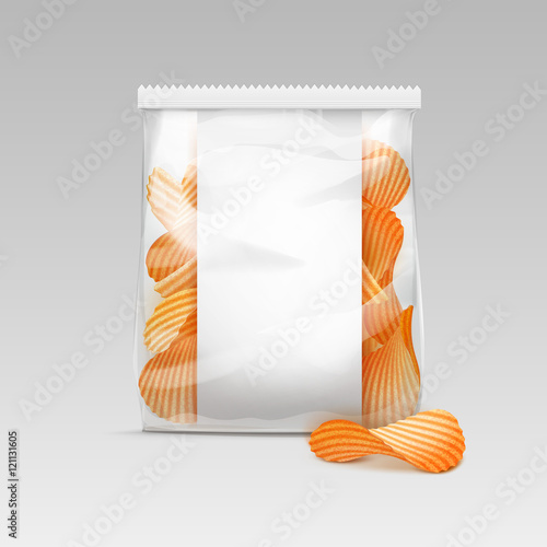 Sealed Transparent Plastic Bag with Potato Chips on White Background
