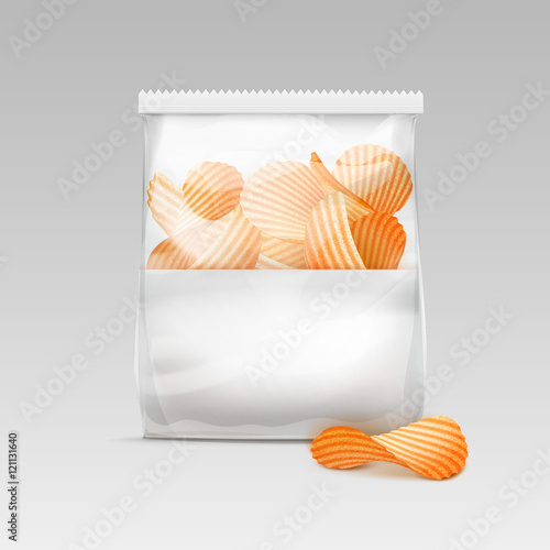 Sealed Transparent Plastic Bag with Potato Chips on White Background