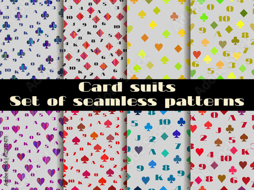 Set of seamless patterns with suits of playing cards. Vector illustration.