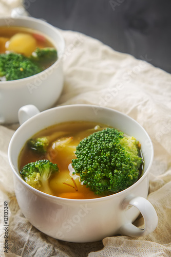 Vegetarian soup of broccoli, cauliflower, and carrots kortoshki.