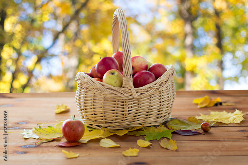 close up of basket with apples on wooden table