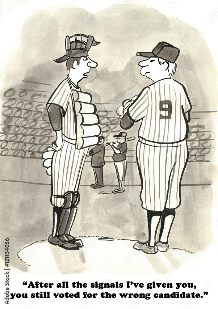 Political cartoon showing a baseball umpire saying to the pitcher that