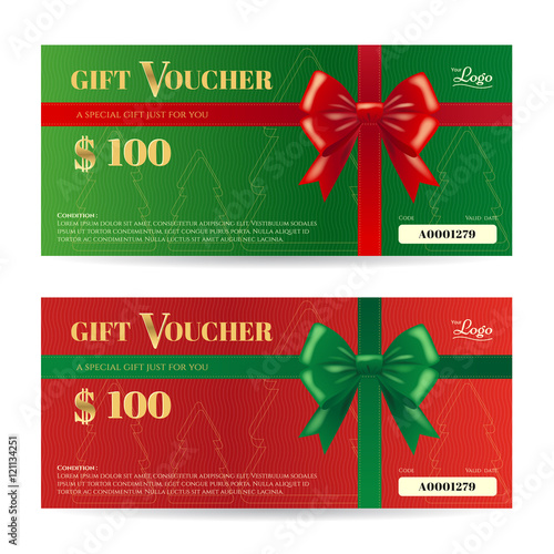 Elegance Christmas gift card or gift voucher template with shiny red and green bows with ribbon vector