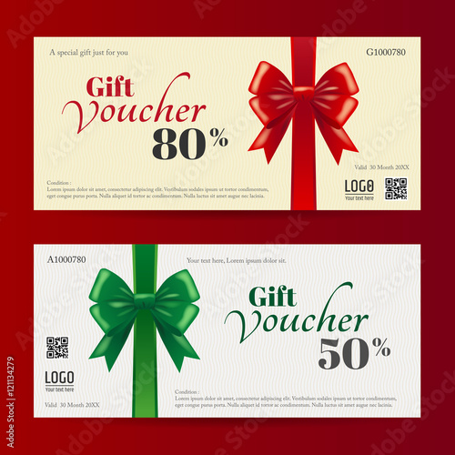 Elegant christmas gift card or gift voucher template with shiny red and green bows and ribbon vector