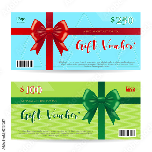 Christmas gift card or gift voucher with shiny red and green bow with ribbon vector