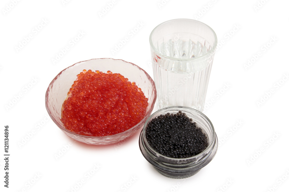Fish caviar and glass of vodka on a white background Fish caviar and glass of vodka on a white background