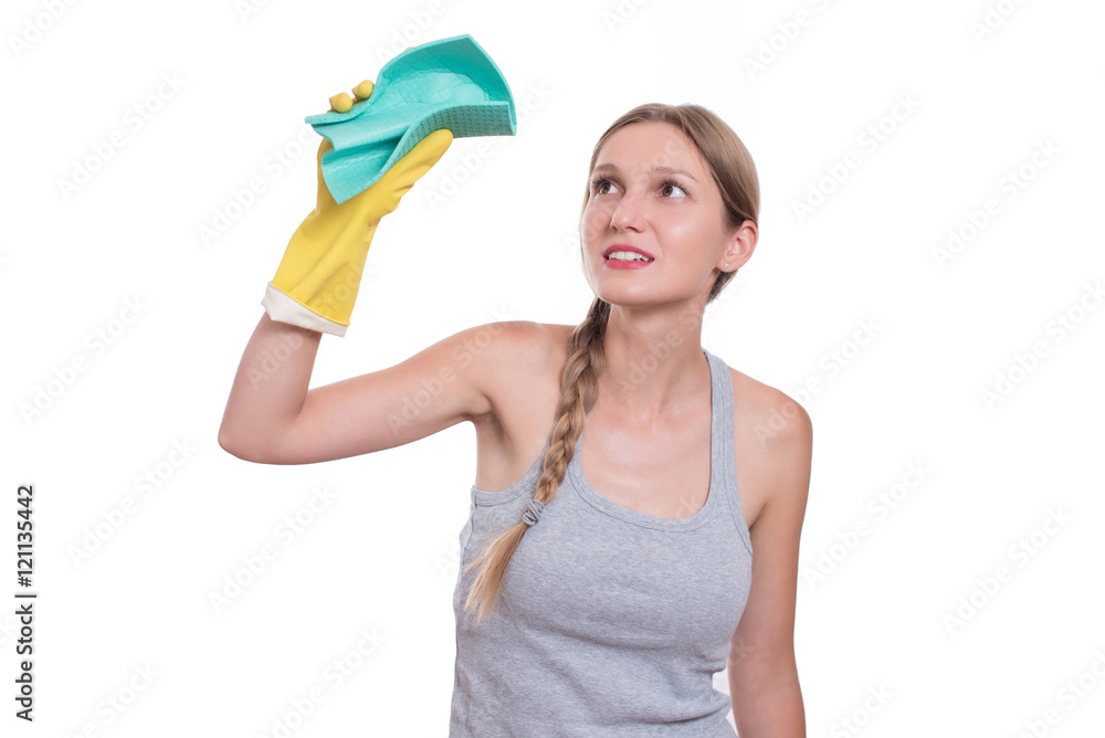 Young cheerful woman cleaning with rag, isolated on white Young cheerful woman cleaning with rag, isolated on white