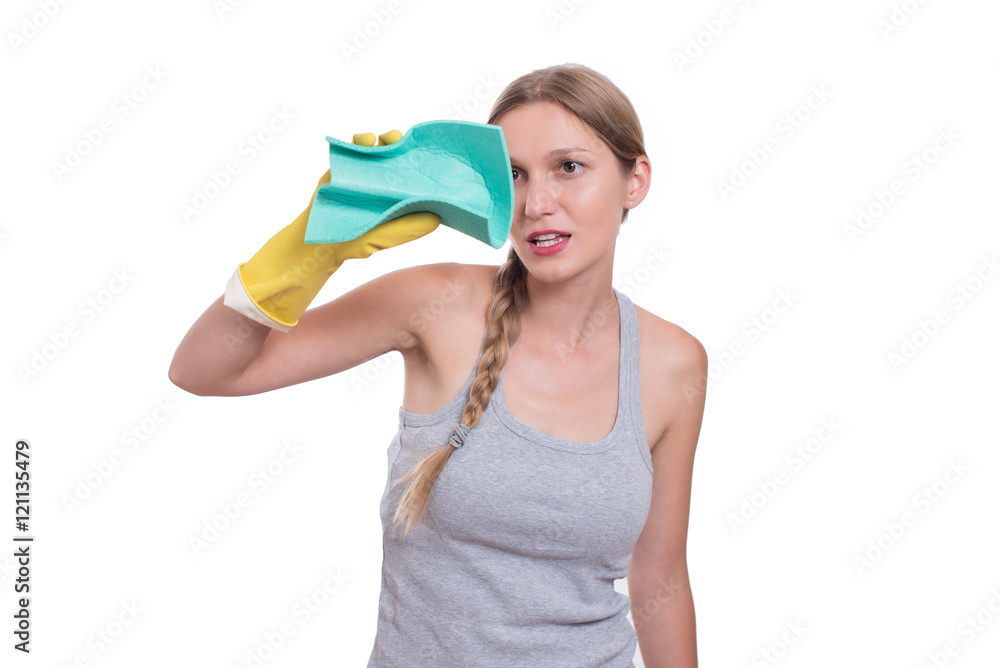 Young cheerful woman cleaning with rag, isolated on white Young cheerful woman cleaning with rag, isolated on white