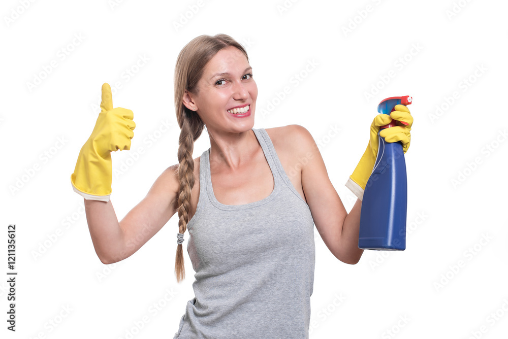 Smiling woman holding bottle of chemistry for cleaning house Smiling woman holding bottle of chemistry for cleaning house