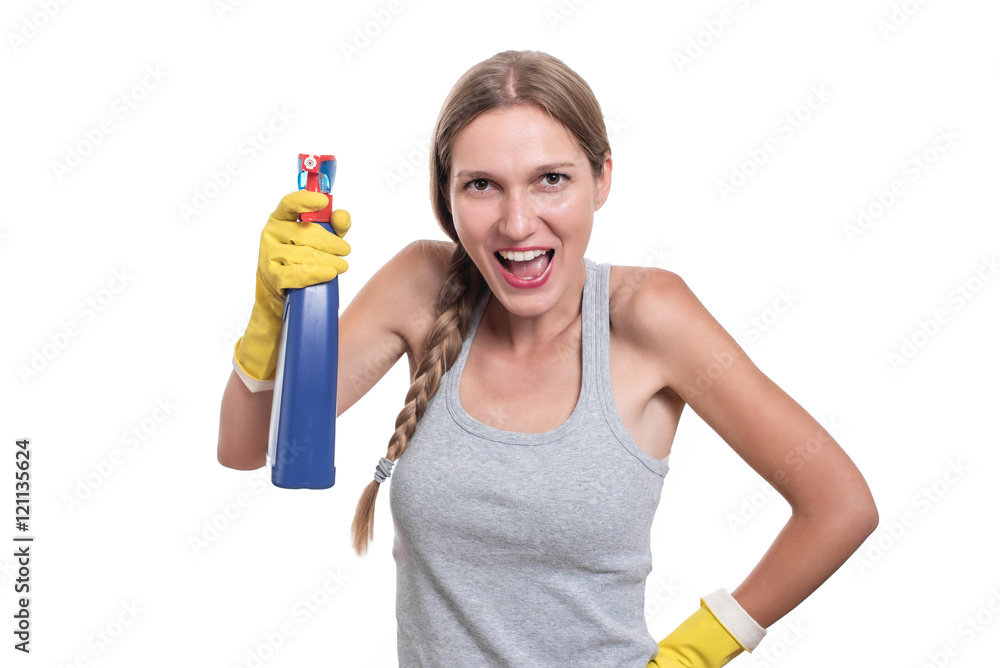 Smiling woman holding bottle of chemistry for cleaning house Smiling woman holding bottle of chemistry for cleaning house