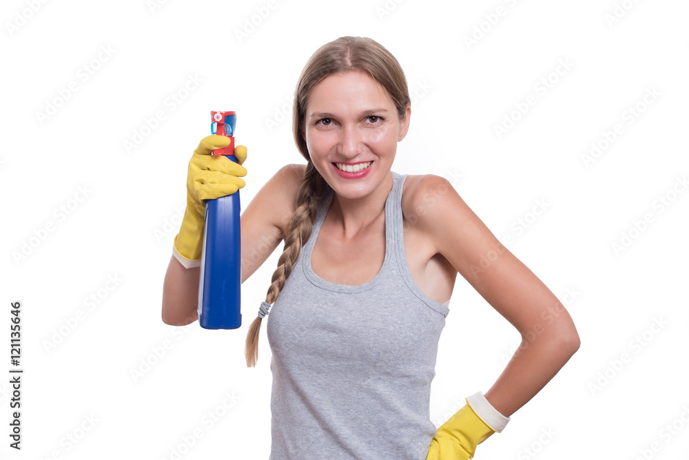 Young housewife woman cleaning, isolated on white background Young housewife woman cleaning, isolated on white background