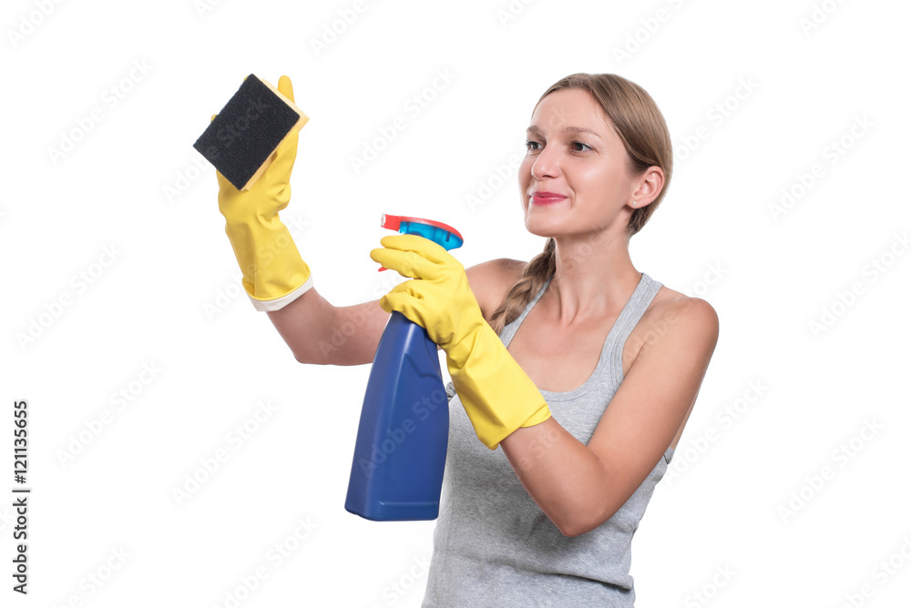 Young housewife woman cleaning, isolated on white background Young housewife woman cleaning, isolated on white background