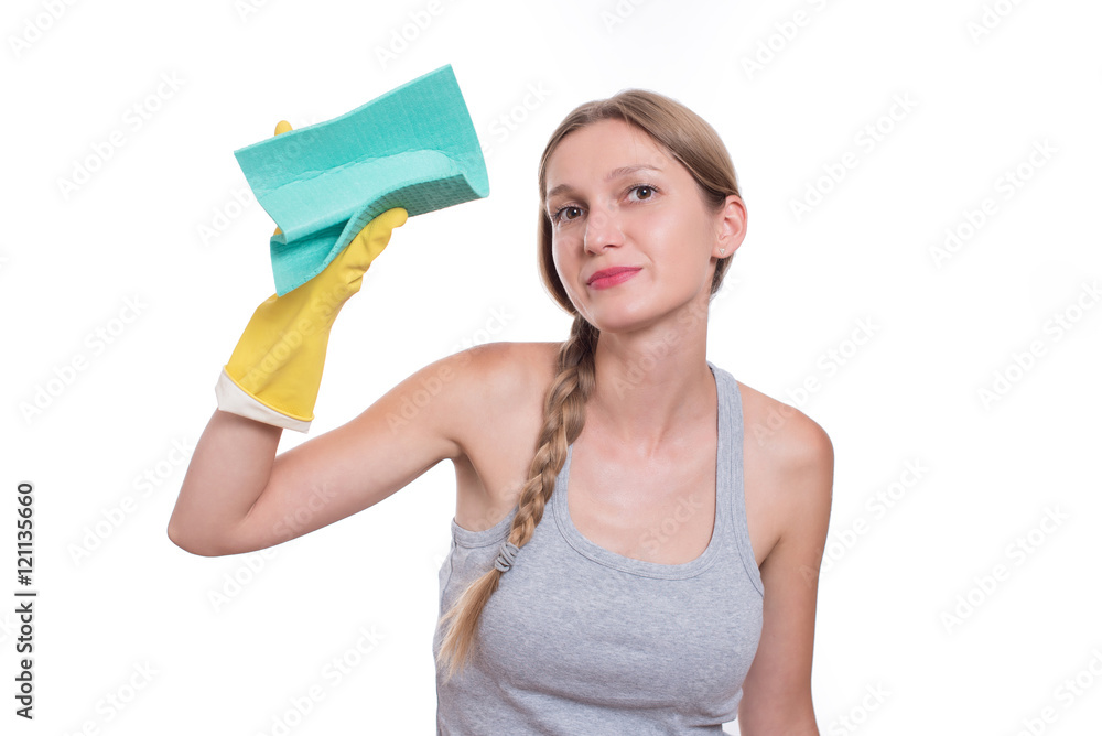 Young woman cleaning with rag, isolated on white background Young woman cleaning with rag, isolated on white background