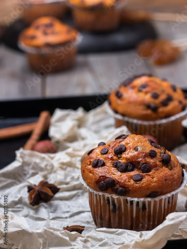 Homemade chocolate chip spicy muffins cake for breakfast