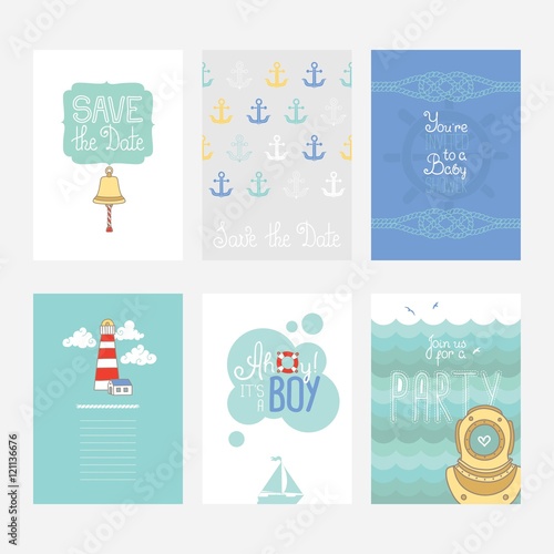 Photography Colorful cards with nautical design elements, set