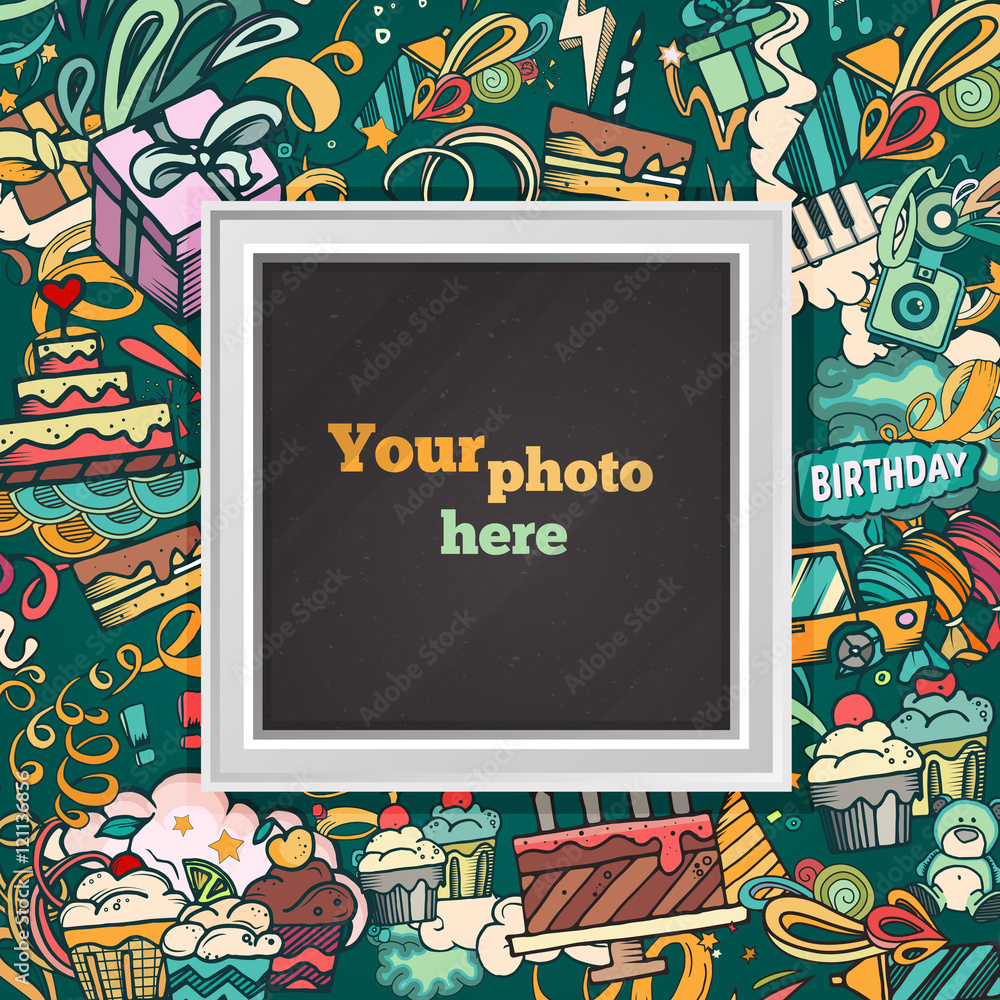 Birthday background. Collage photo frame card. Album template for kid,  baby, family or memories. Scrapbook concept, vector illustration. Stock  Vector | Adobe Stock