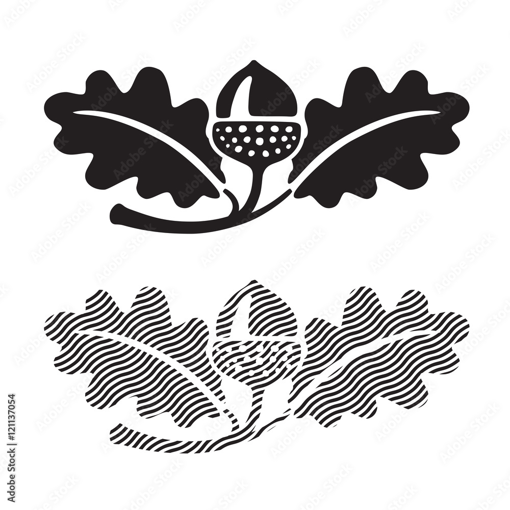 Black and white stylized illustration of acorns and oak leaves ...