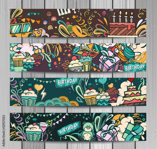 Happy birthday abstract vector illustration. Party and celebration design cards. Illustration of balloon, gifts, fireworks, ribbon, confetti, cake, drinks