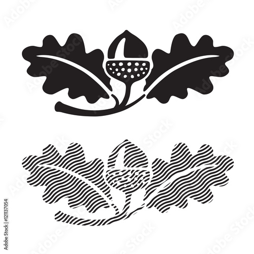 Black and white stylized illustration of acorns and oak leaves. Isolated on white background.