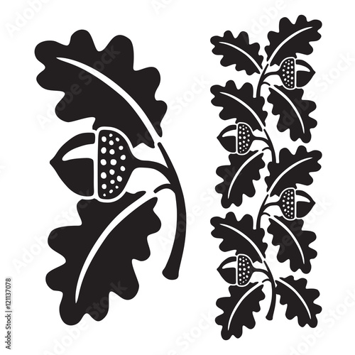 Black and white stylized illustration of acorns and oak leaves. Isolated on white background.