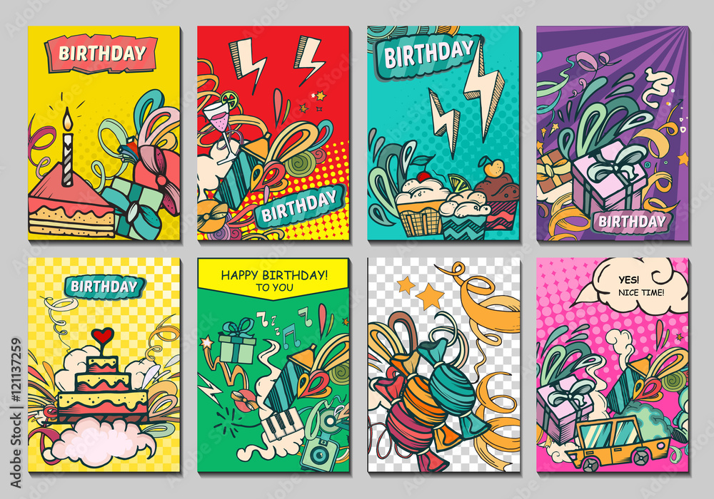 Obraz premium Happy birthday abstract vector illustration. Party and celebration design cards. Illustration of balloon, gifts, fireworks, ribbon, confetti, cake, pie, drinks omics style