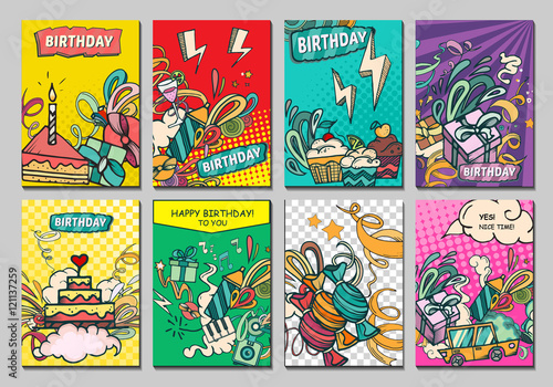 Happy birthday abstract vector illustration. Party and celebration design cards. Illustration of balloon, gifts, fireworks, ribbon, confetti, cake, pie, drinks omics style