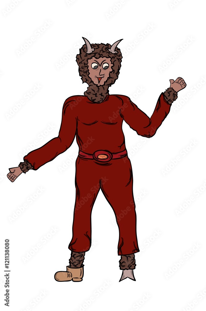 devil in dark red dress with brown fur
