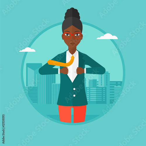 Business woman opening her jacket like superhero.