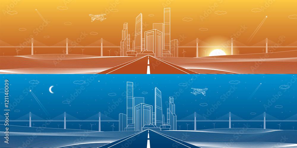 Infrastructure panorama. Highway. Big bridge, business center, architecture and urban illustration, neon city, white lines on blue and orange background, skyscrapers and towers, vector design art
