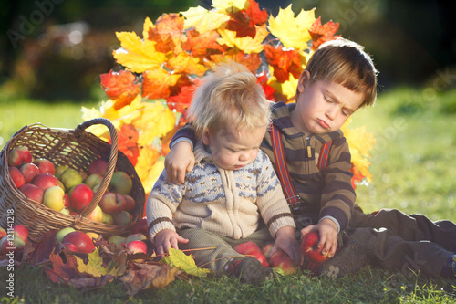 Two brothers hugging near a basket with apples on a sunny fall day