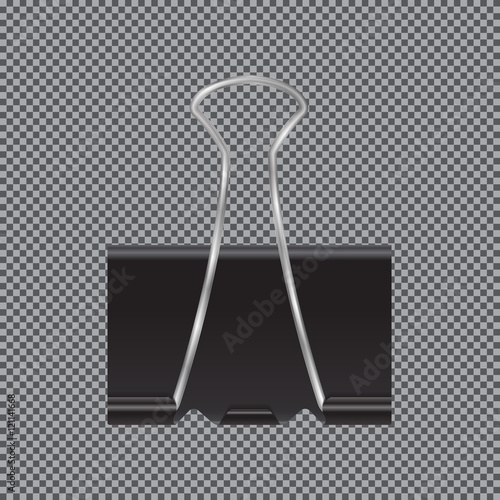 Realistic Black Paper clip isolated on checkered background. Bin