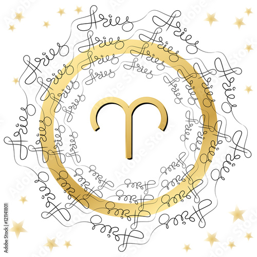 Decorative zodiac sign Aries  with words and stars.