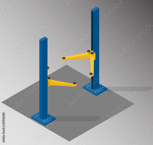 Vector isometric illustration of two post car lift. Equipment for automotive service.