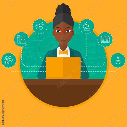 Student working on laptop vector illustration.