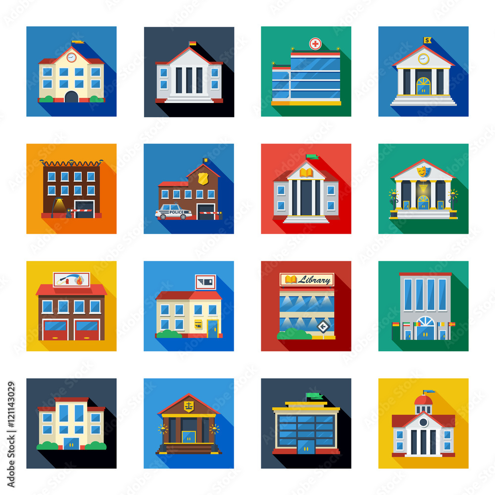 Government Buildings Icons In Colorful Squares