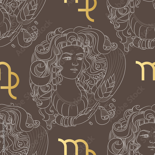 Zodiac sign Virgo. Horoscope vintage seamless pattern.