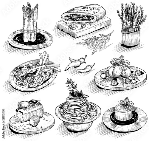 hand drawn illustration with Mediterranean food