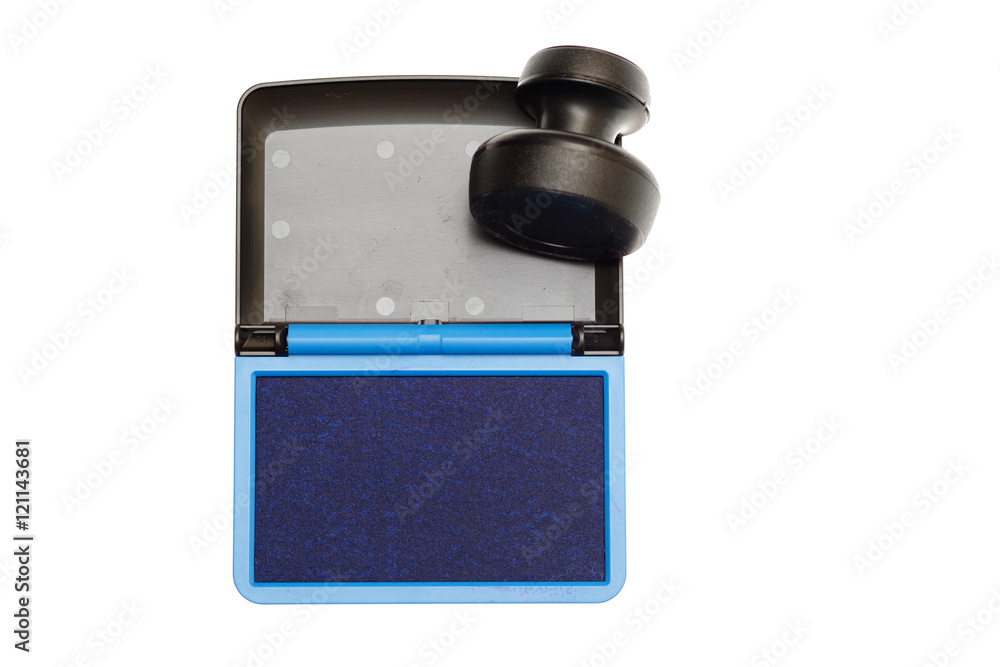 Rubber stamp with opened blue ink pad isolated Rubber stamp with opened blue ink pad isolated