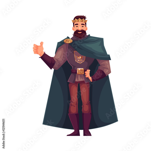 king wearing crown and mantle, cartoon vector illustration isolated in white background. king - tall and slim young white skinned, kind and happy