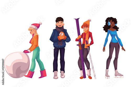 Young people having fun with winter activities, cartoon style vector illustration isolated on white background. Boys and girls making snowman, playing snowballs, skiing and ice scating