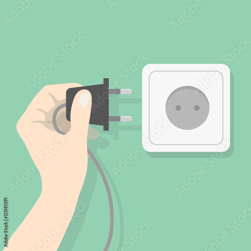 Hand connecting electrical plug. Man holding electric power plug. Electricity concept vector illustration