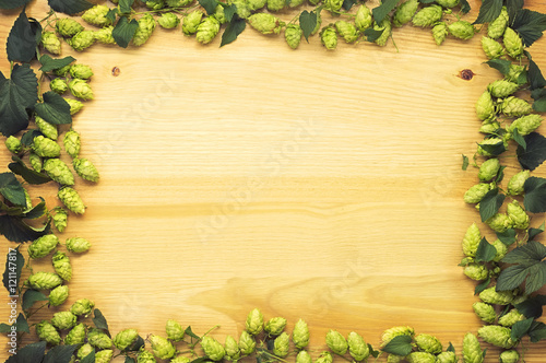hops fresh green on wood background