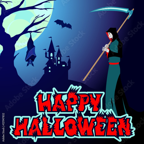 Halloween background vector illustration with silhouette haunting castle death lettering