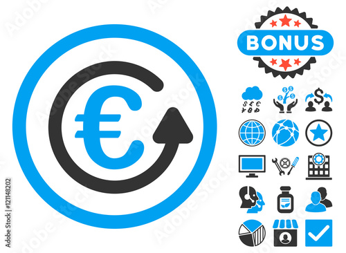 Euro Chargeback icon with bonus pictures. Vector illustration style is flat iconic bicolor symbols, blue and gray colors, white background.