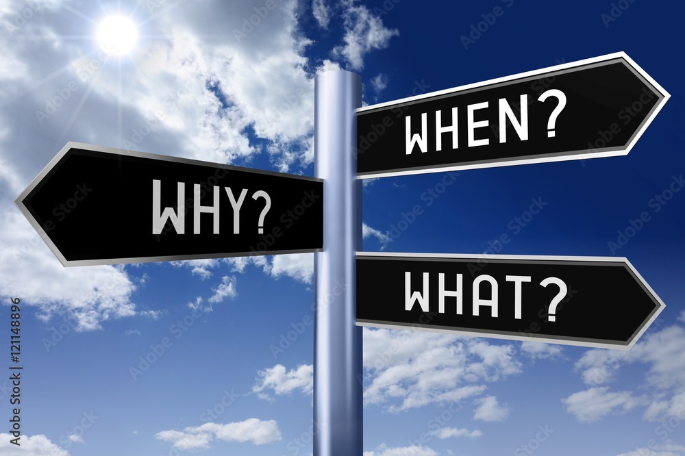Fototapeta premium Signpost with three arrows - questions concept