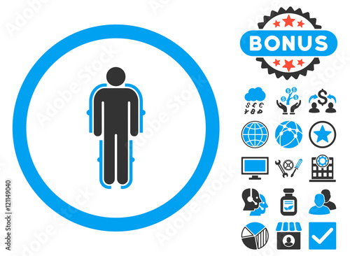 Exoskeleton icon with bonus images. Vector illustration style is flat iconic bicolor symbols, blue and gray colors, white background.